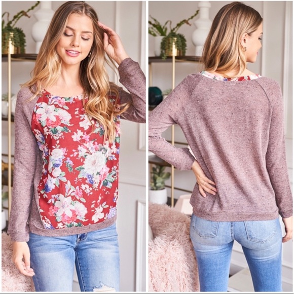 Burgundy Floral Round Neckline Long Sleeve Sz.M/L - Picture 1 of 5